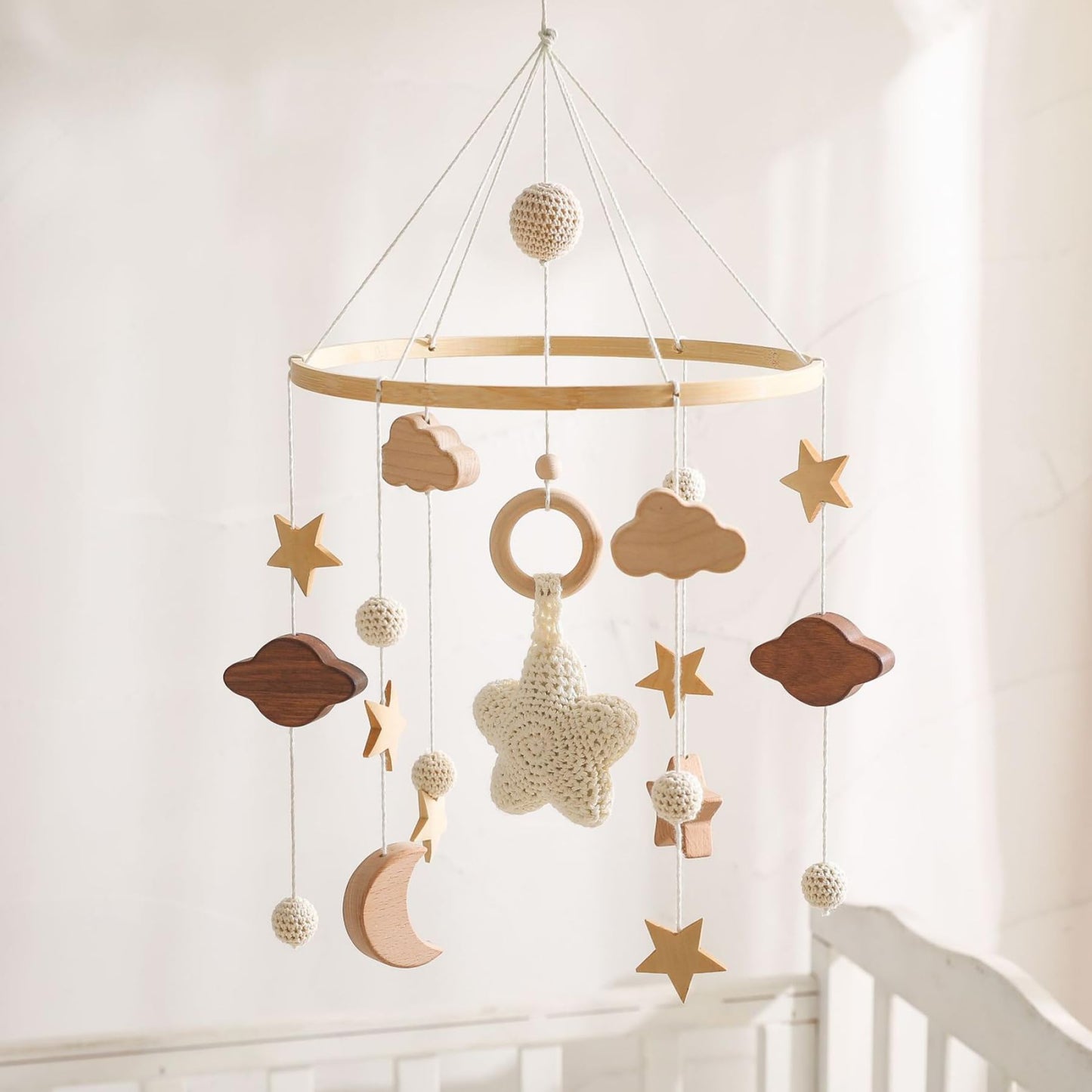 Móvil de Cuna de Madera con Estrellas y Nubes para Bebés para Niñas y Niños