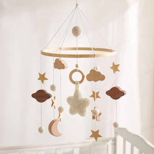 Móvil de Cuna de Madera con Estrellas y Nubes para Bebés para Niñas y Niños