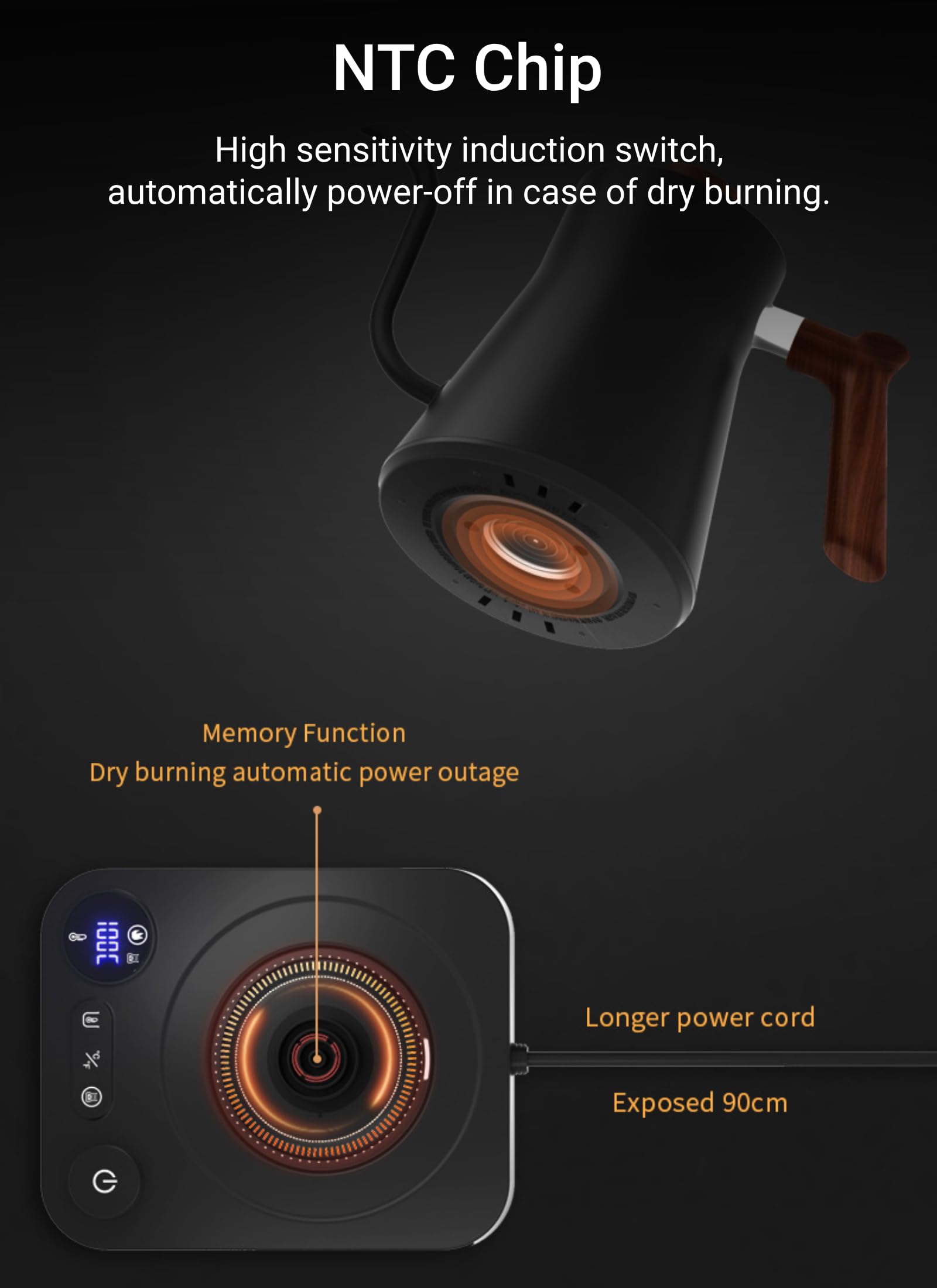 Hervidor Eléctrico con Cuello de Cisne, Control de Temperatura ±1°F, Calentamiento Rápido de 1200 W, Pantalla LCD, Temporizador, Mantener Caliente, Acero (Enchufe estadounidense