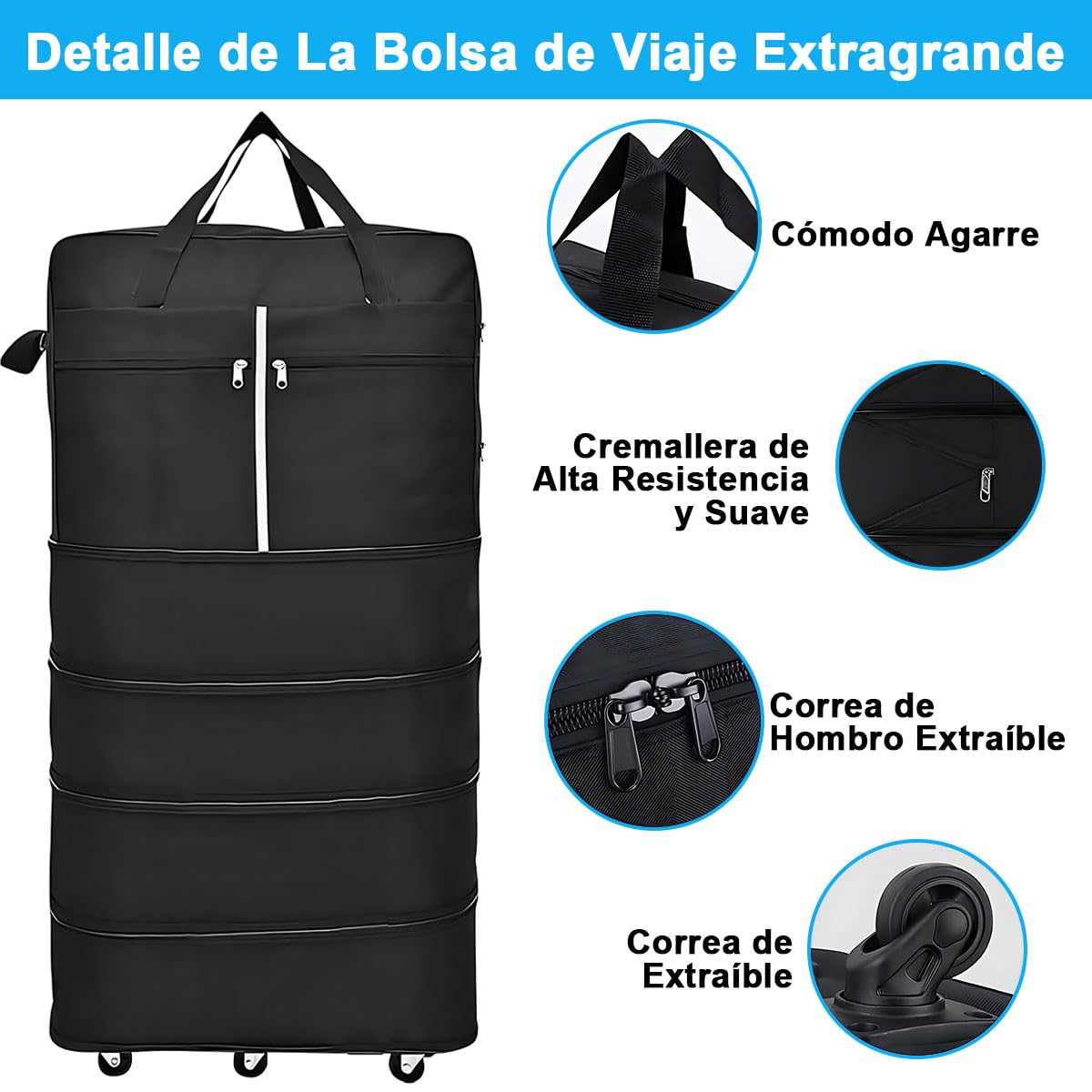 Bolsa de Equipaje AdooAdii Negra Gran Capacidad con Ruedas 360º Resistente y Ligera para Viajes Negocios y Hogar