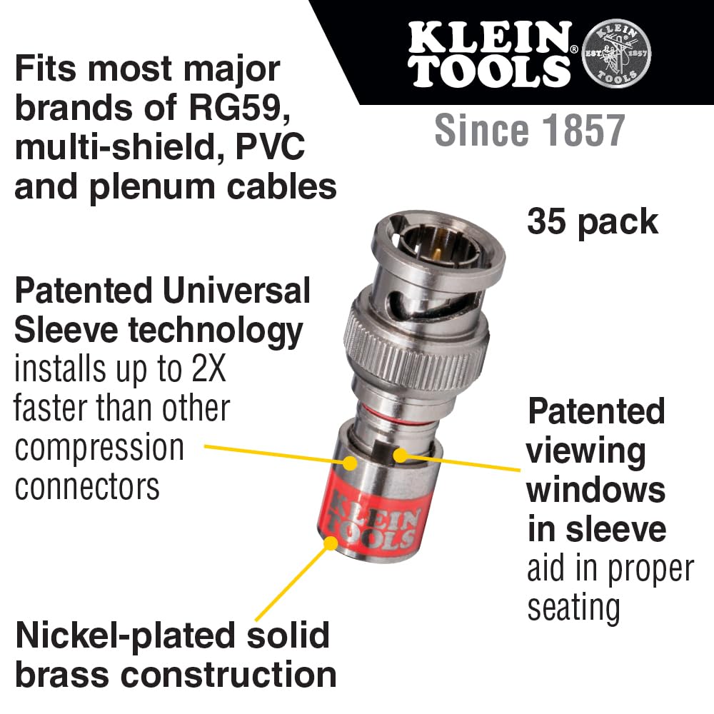 Klein Tools VDV813-619 Conector Compresión Universal BNC RG59 Paquete con 35 pzas.