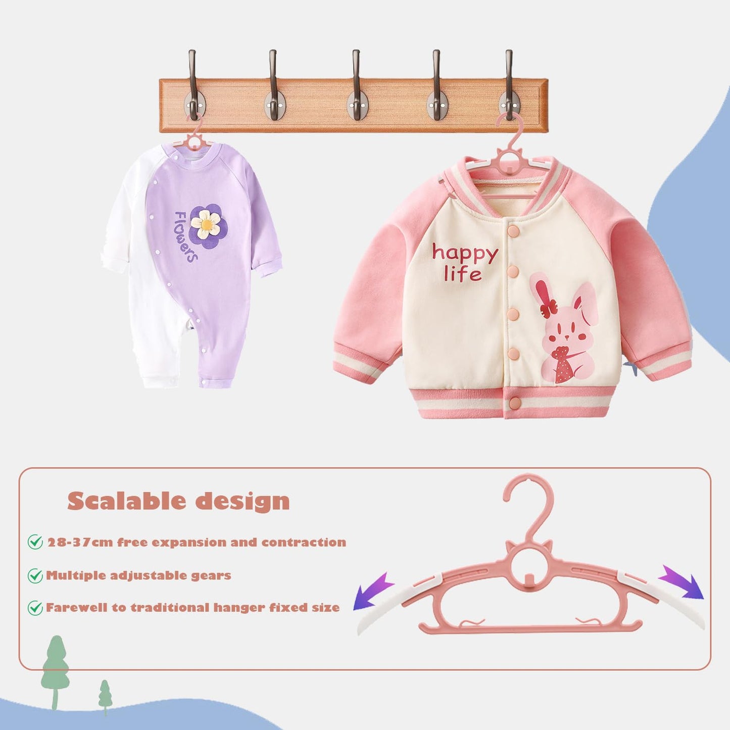 Gencuoir Perchas para guardería de bebé, ultradelgadas, antideslizantes y extensibles para ropa de recién nacido, paquete de 20 perchas de 28-35 cm ajustables para niños y niñas