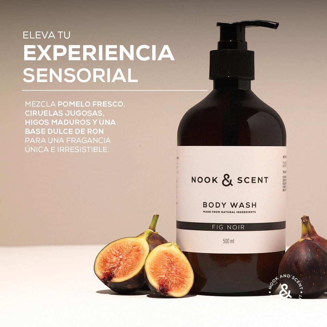 Body Wash Higo | 500 ml | Limpieza e Hidratación | Libre de Sulfatos y Parabenos, Vegano, Aceites Esenciales, Aroma Dulce y Sofisticado con Notas de Higo y Ron | Gel de Baño Nook & Scent