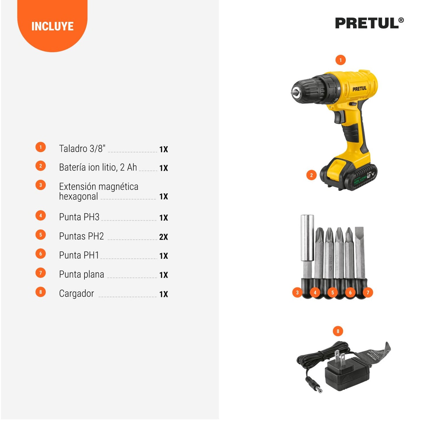 Pretul TALI-12P, Taladro de 12 V inalámbrico 3/8" con 1 batería de ion litio 2 Ah
