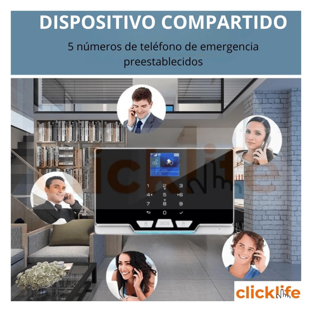 Clicklife Alarma Casa Negocio gsm Chip Celular WiFi Inalámbrica Kit6 Sirena de 30 Watts. con 6 sensores inalámbricos de 3 Movimientos y 3 de Puertas. Dos Variantes: WiFi o Cableada.