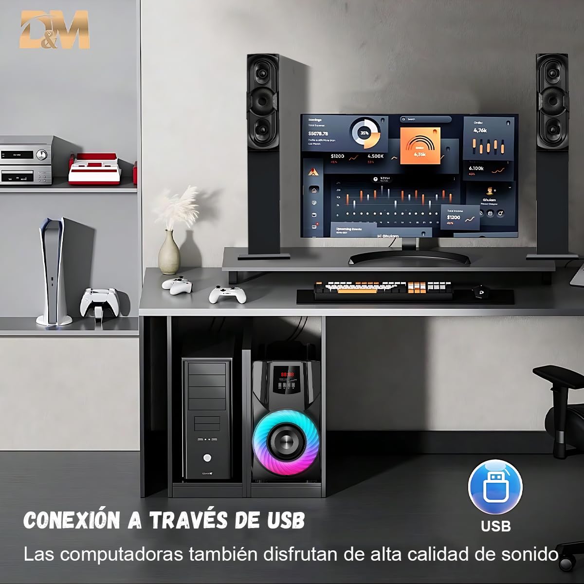 D&M 2L6 Sonido Teatro en casa,con Subwoofer - Sistema de Sonido Envolvente 3 en 1 Separado,para TV Juegos de PC HD-ARC/BT 5.4/óptica/AUX/USB Conexión 5 Modos EQ Graves Profundos