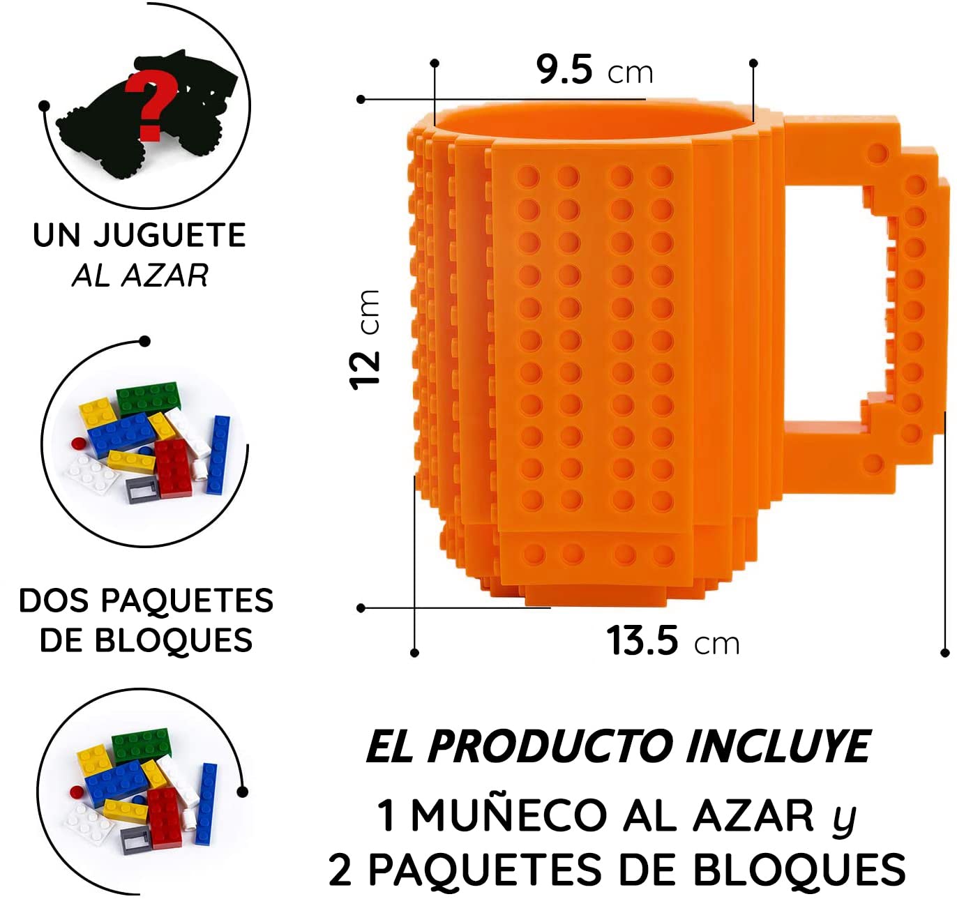 John & John Taza armable de diseño Divertido para Ladrillos, Incluye un muñeco y 2 Sets de Bloques de construcción para Jugar (10 Colores) - Naranja