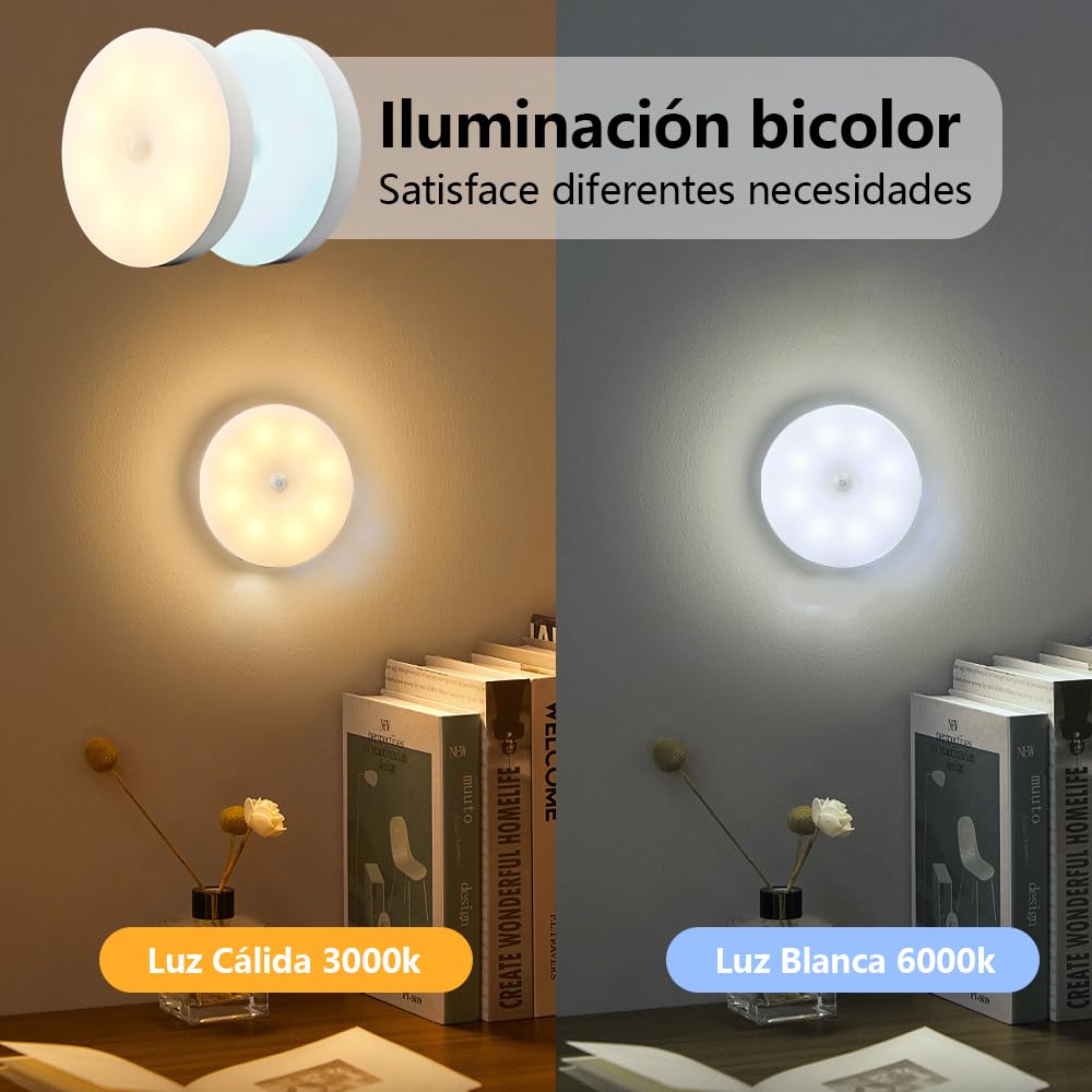 KIWOP 2 Colores Luz Led con Sensor de Movimiento, 6 PCS Led Luz Nocturna Recargable Usb, Luz Blanca 6000k & Luz Cálida 3000k, Diseño Magnético, 4 Modos Iluminación, 10 Horas Iluminación Continua.