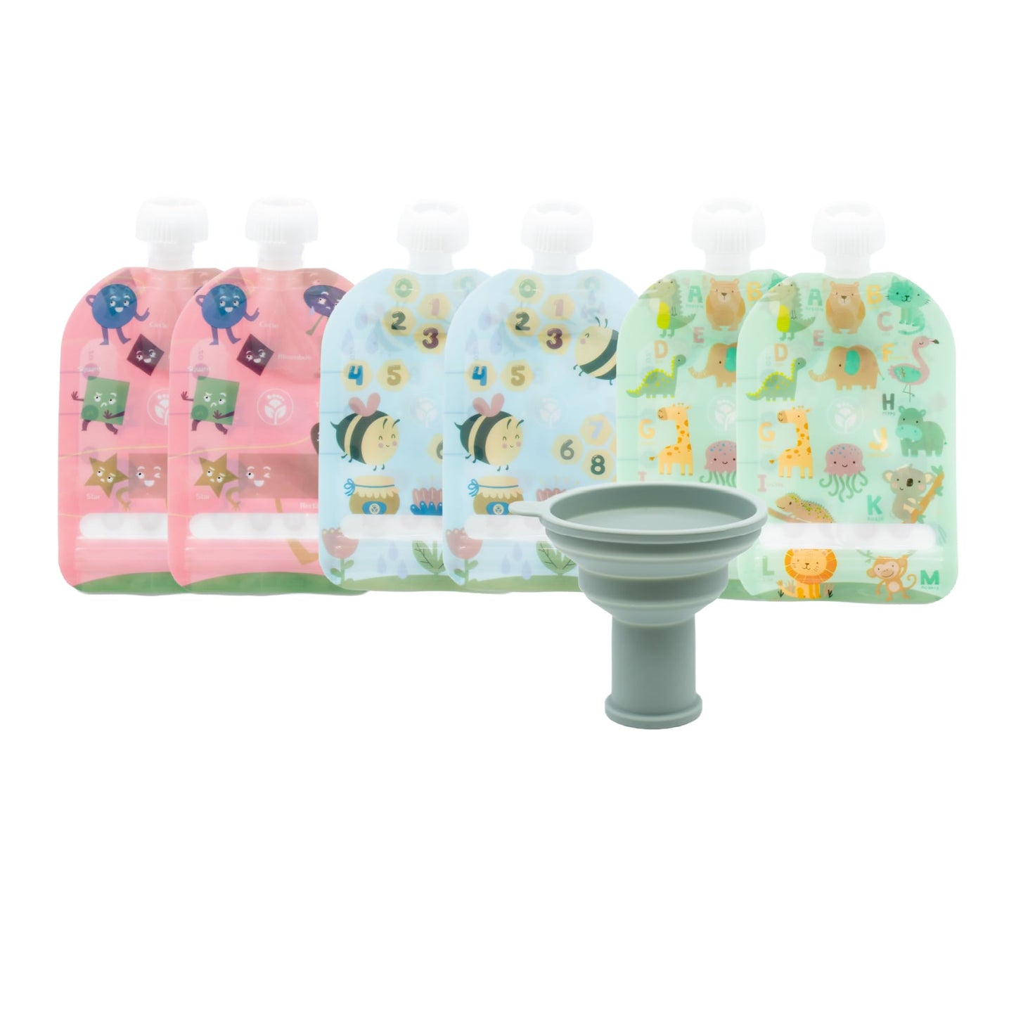 WeeSprout Bolsas reutilizables de doble cierre, perfectas para bebés y niños, aptas para congelador y lavaplatos (Educacional, 3.4 onzas líquidas (paquete de 6) + relleno de bolsa)