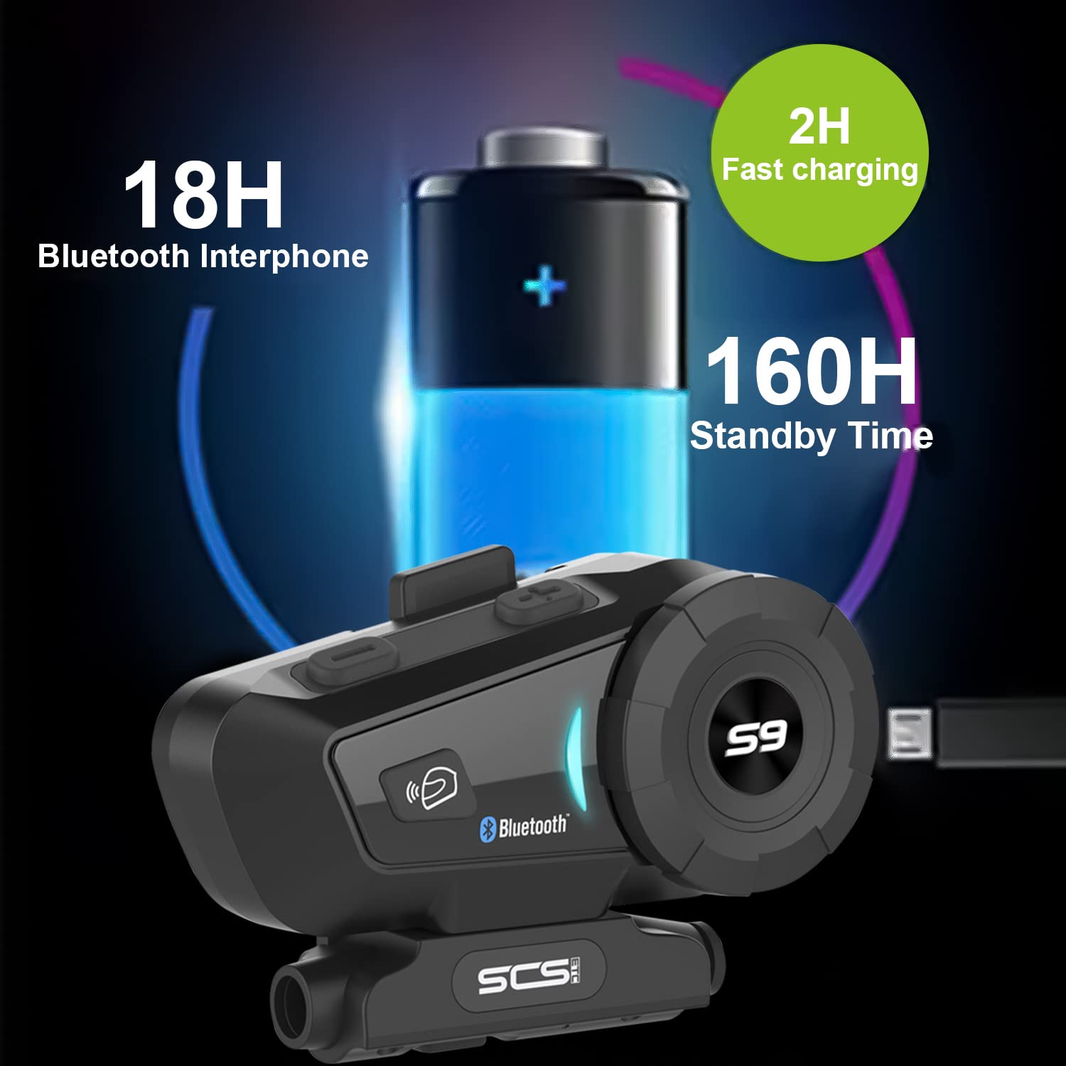 SCSETC S-9 - Casco de motocicleta con Bluetooth de 2000 m, 6 rider intercomunicador, Bluetooth con cancelación de ruido CVC, IP65 impermeable, manos libres/control de voz