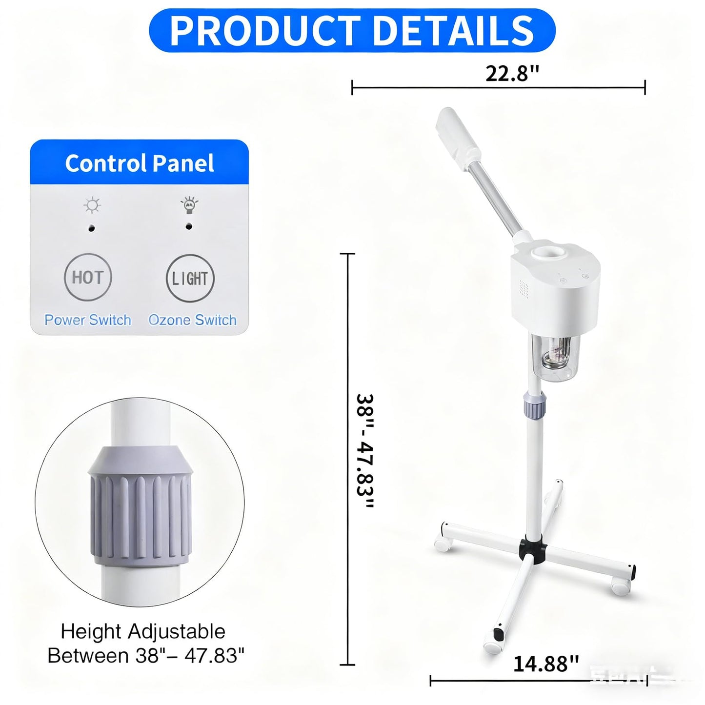 TransArcade Vaporizador facial profesional, con ozono y pulverizador de vapor caliente, vaporizador facial de pie para esteticistas, limpieza profunda e hidratación, para spa y hogar.