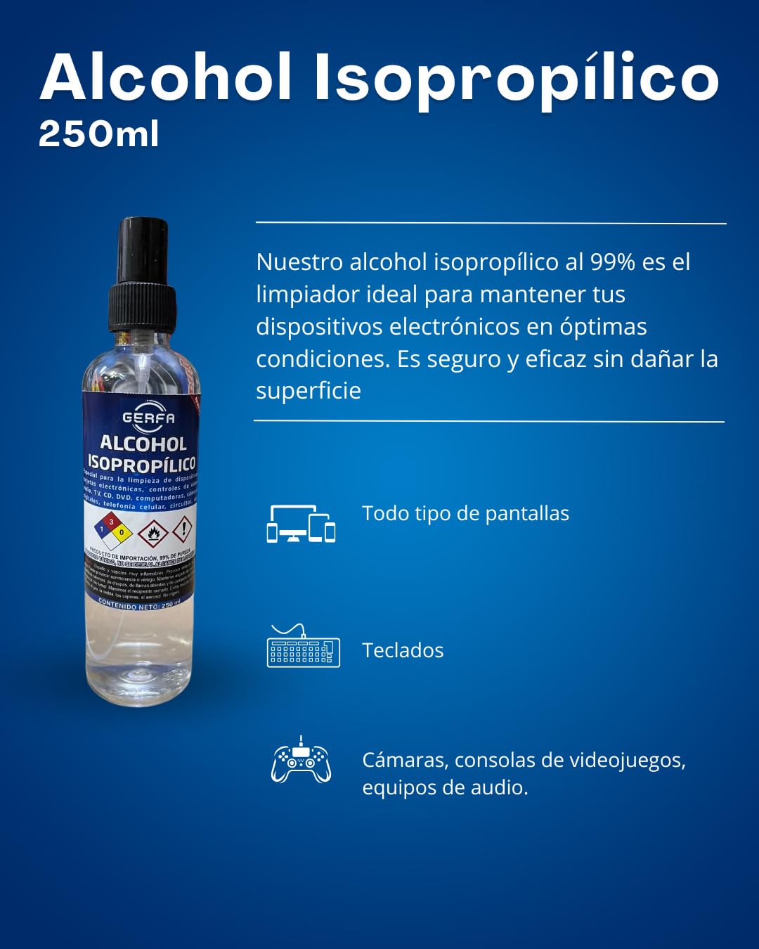 GERFA Alcohol Isopropílico 99% Puro 250ml | Limpieza Electrónica, Dispositivos, Lentes, Circuitos y Más | Evaporación Rápida y Libre de Residuos
