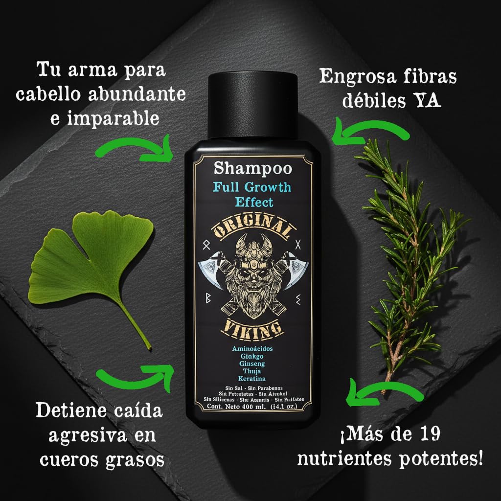 ORIGINAL VIKING | Shampoo Full Growth Effect. Shampoo Premium de Crecimiento con proteínas, extractos, sin formaldehídos, sin parabenos, sin alcohol, sin sal añadida, sin siliconas. 400ml