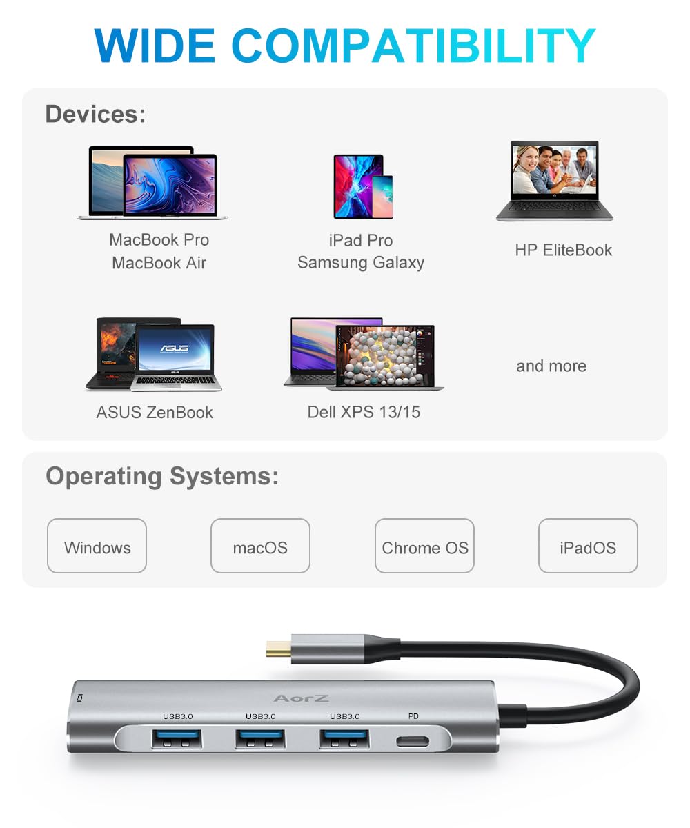 Hub USB C, adaptador multipuerto USB C 4K a 60Hz AorZ 5 en 1 adaptador USBC a HDMI con 1 salida HDMI 4K, 3 puertos USB 3.0, 1 PD, adaptador para MacBook, cubierta de vapor y la mayoría de dispositivos