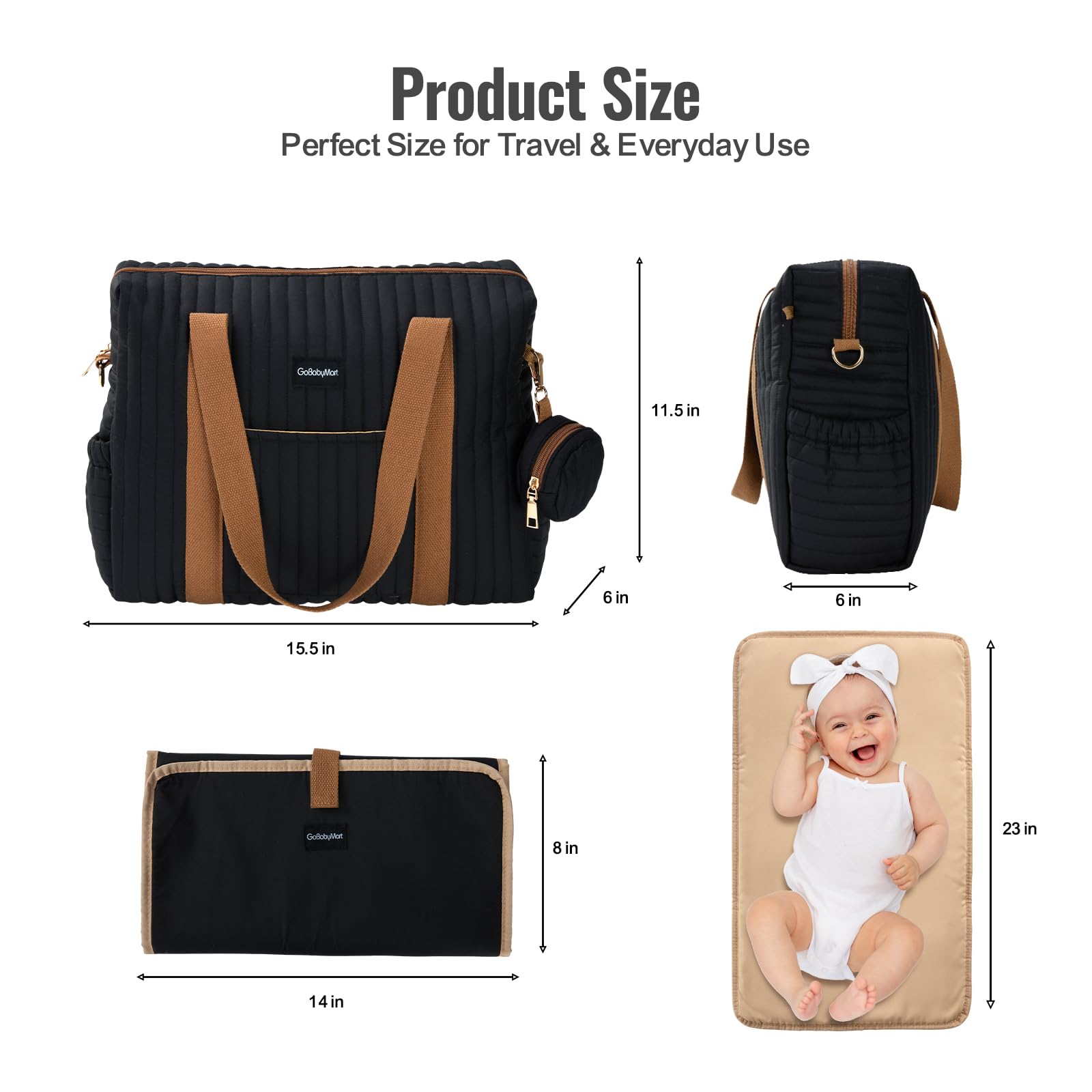 GOBABYMART - Juego de 3 bolsas de pañales con cambiador y estuche para chupete, bolsa de viaje de maternidad de algodón (mediano - negro)