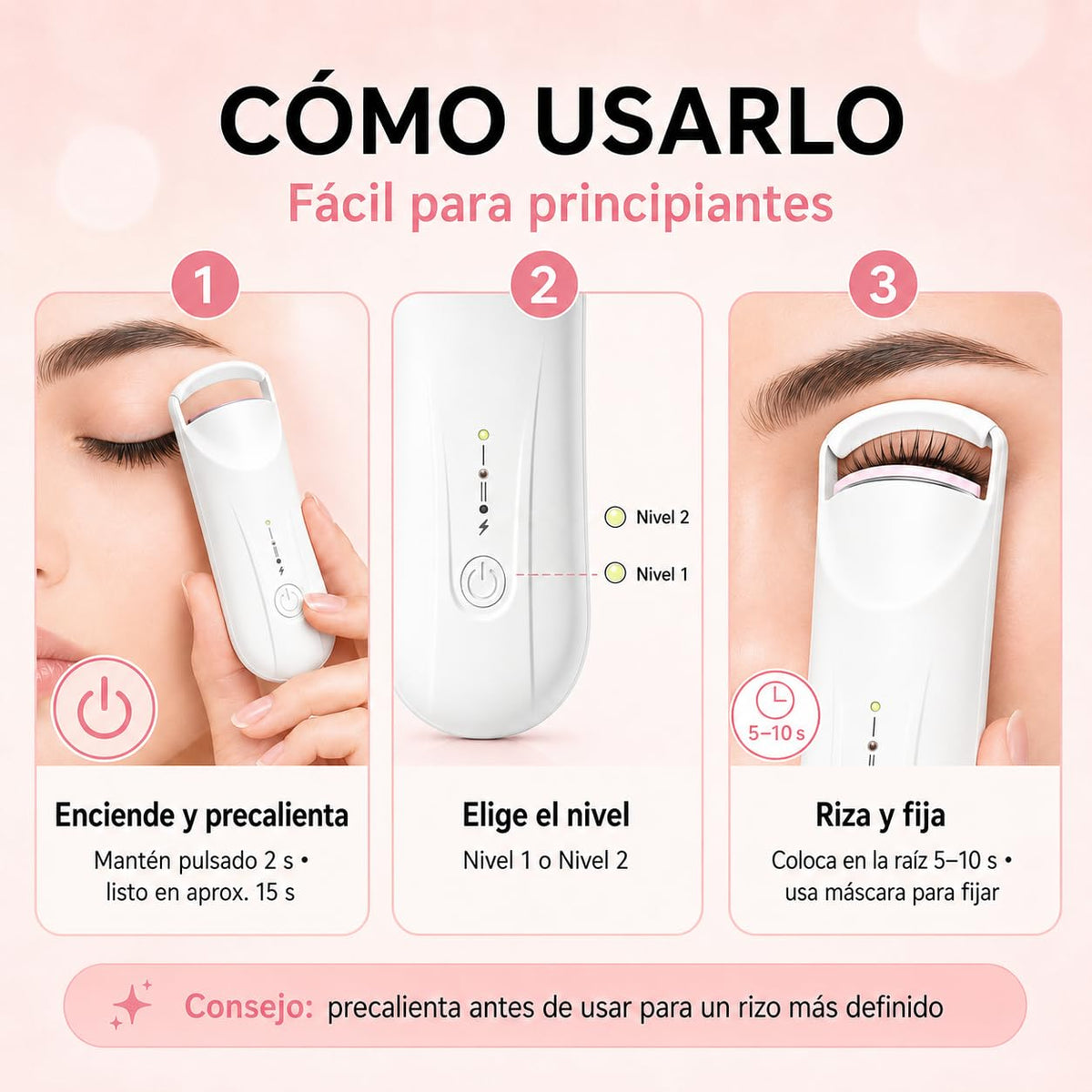 Rizador de Pestañas Eléctrico, Enchinador Térmico Recargable USB-C con 2 Niveles de Temperatura 65°C/85°C, Calentamiento Rápido y Curva 3D, Mini Rizador Portátil para Maquillaje
