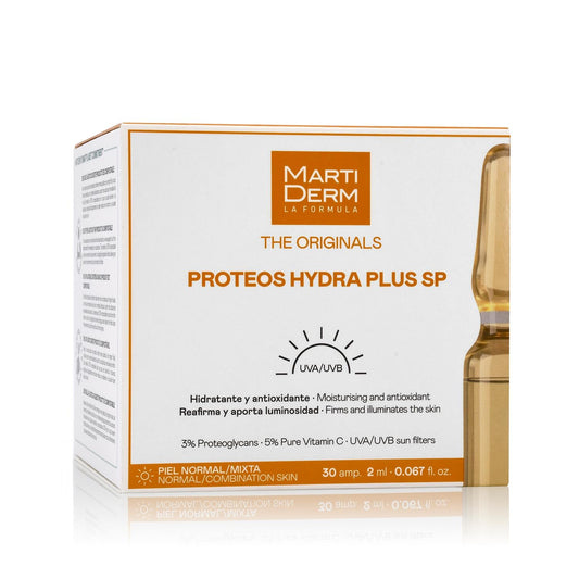 MartiDerm The Originals Proteos Hydra Plus SP Ampolletas faciales hidratantes y antioxidantes. Solución facial con Vitamina C Pura + Proteoglicanos + Factor de Protector Solar - 30 ampolletas