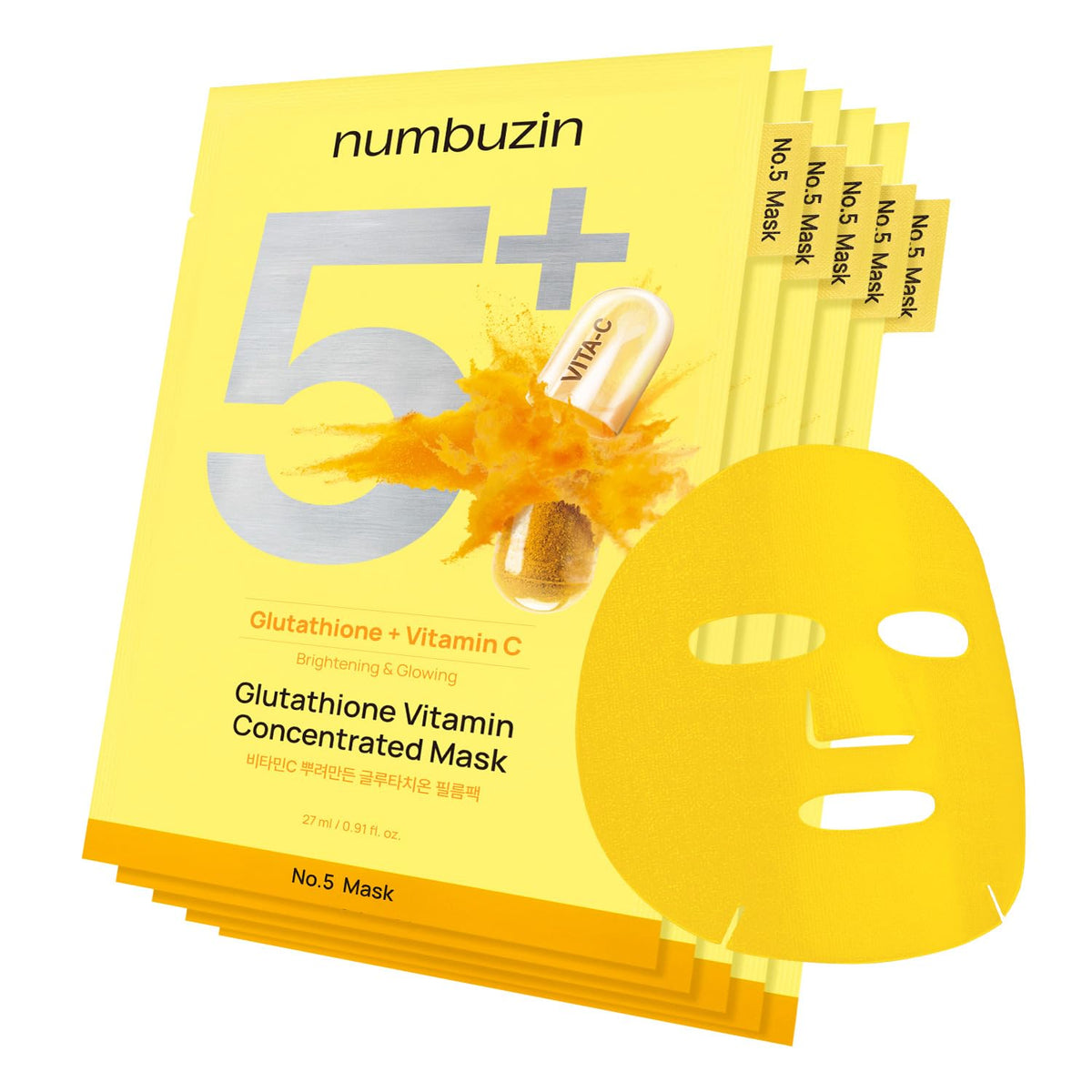 numbuzin Máscara de hoja No.5 | Máscara de lámina de foco de vitamina | Glutatión y vitamina C | Reduce la hiperpigmentación, mejora la tez de la piel | Suave y no irritante | 5 hojas