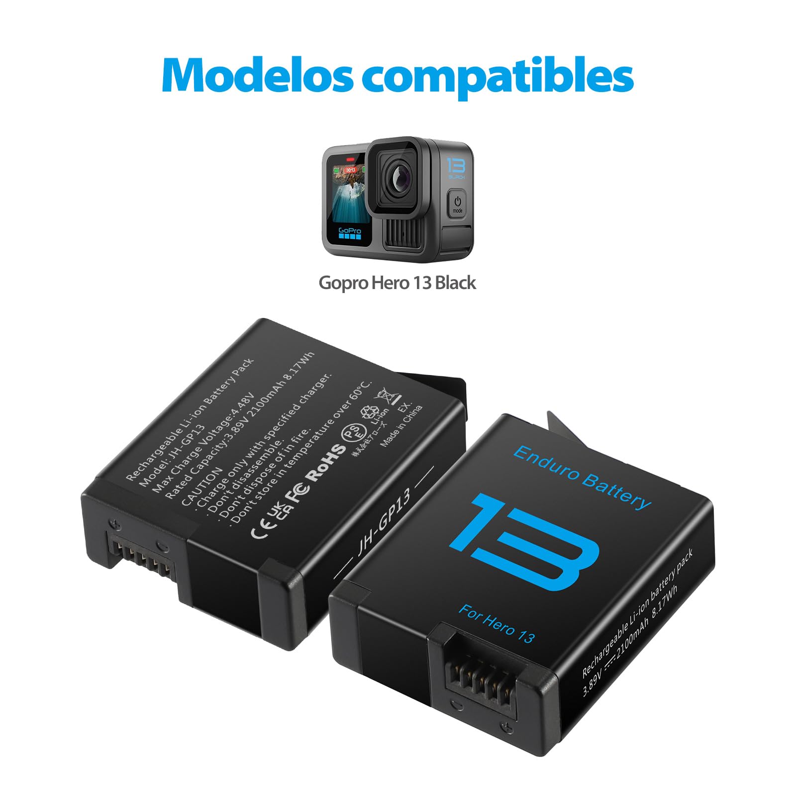 Baterías 2100mAh PHTEGI Gopro Hero 13 Black con Cargador Rápido USB 3 Canales