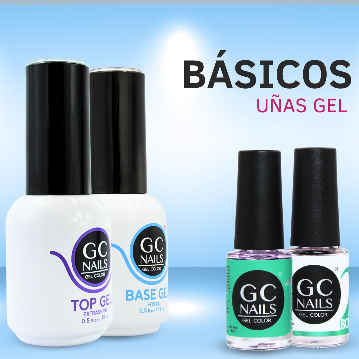 Gc Nails Gel Nails Set de Esmaltes para Aplicación Completa Base + Top Gel Novamore + Bond 1 Deshidratador + Bond 2 Adherente para Uñas Acrílicas o Gelish (4 piezas)