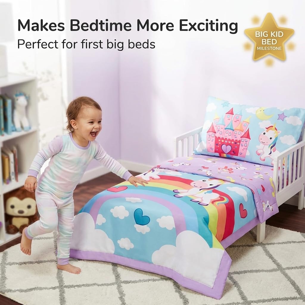 EVERYDAY KIDS - Juego de ropa de cama de 4 piezas para niños pequeños – Unicorn Dreams – Incluye edredón, sábana encimera, sábana bajera ajustable y funda de almohada reversible