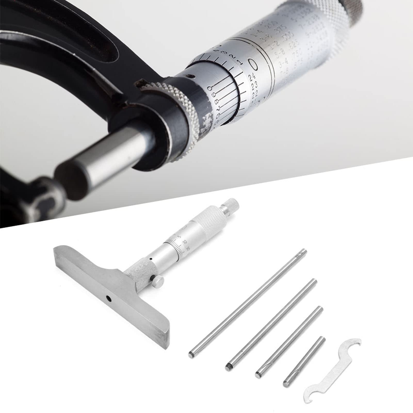 Herramienta de Medición de Calibre de Calibre de Micrómetro de Profundidad de Cabeza Redonda de Acero Inoxidable de Alta Precisión Con Bielas de 5 Piezas(0-100Mm 4In) micrómetro