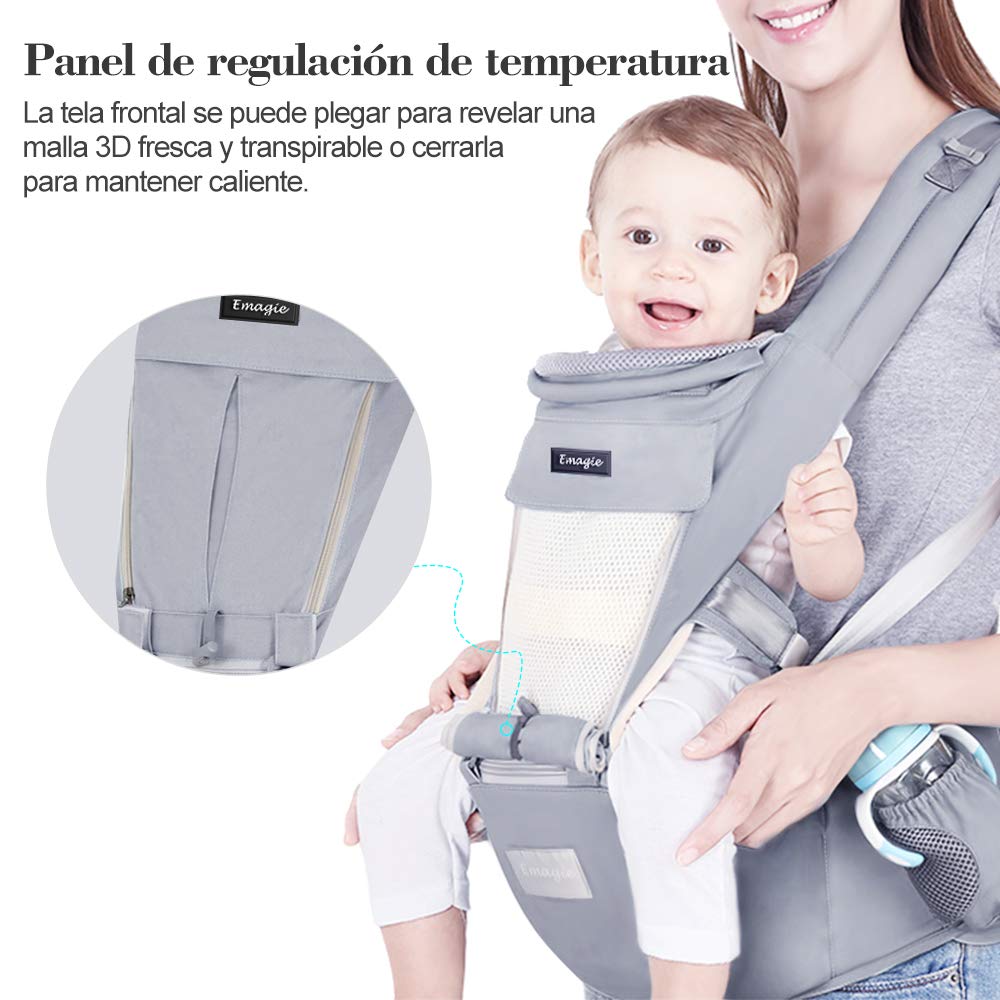 Portabebé EMAGIE Gris Ergonómico Ajustable y Respirable para Bebés y Niños 0-36 Meses
