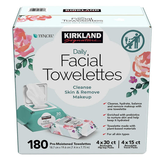 Kirkland Toallas faciales diarias, 180 CT, 180 toallas prehidratadas, hipoalergénicas, sin alcohol, 4 paquetes de viaje resellables de 30 quilates