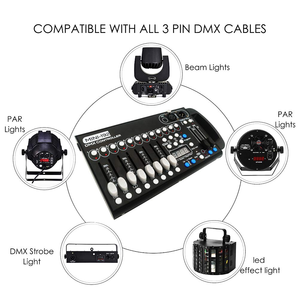 Consola Dmx, driver universal DMX-512 192 DMX 512 Stage DJ driver de luz 240 escenas diferentes, consola Dmx512, aplicable a cable DMX de 3 pines para DJs, bandas, bares, clubes, fiestas familiares,