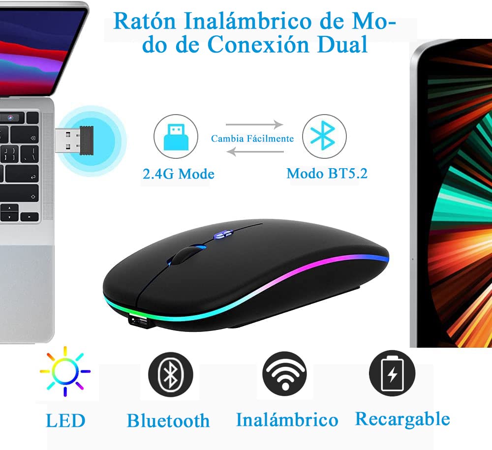 LED Mouse Inalámbrico Recargable, Fotgear Ratón Wireless 2.4G Ergonómico Wireless Ratón óptico Silencioso Click, con Receptor USB Adaptador, Ideal para Ordenadores Portátiles, Dispositivo Inteligentes