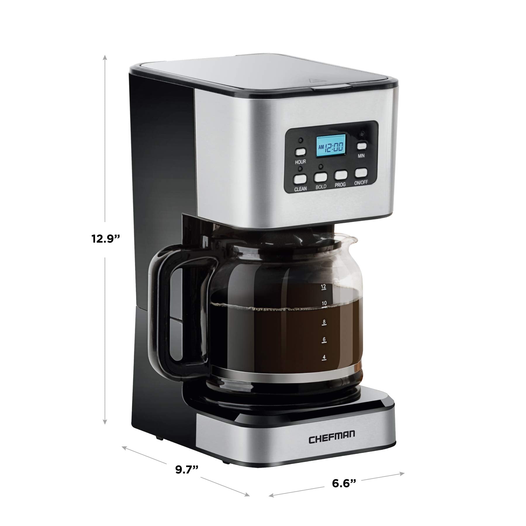 Chefman, Cafetera de Goteo Programable de 12 Tazas, Filtro Reutilizable, Acero Inoxidable