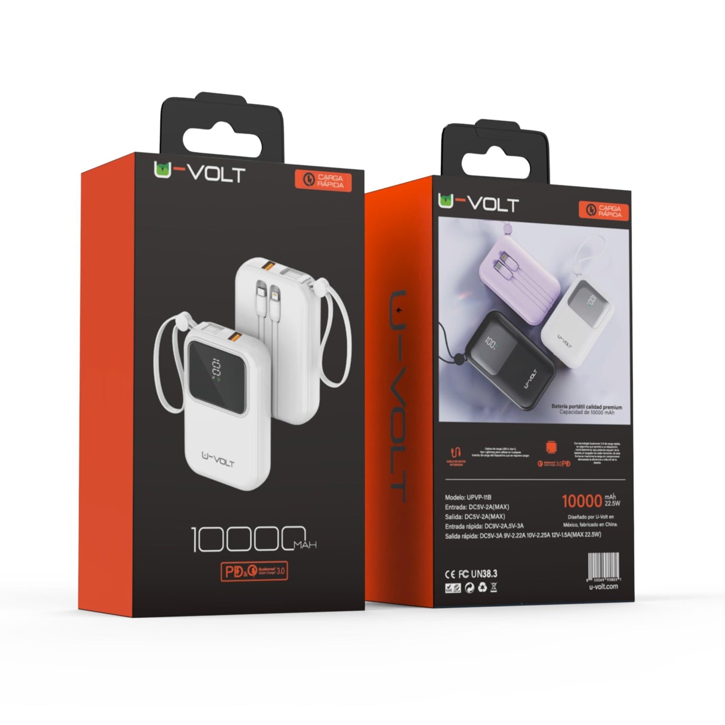 CELULARTE Power Bank U-Volt 10,000 mAh con Cables Integrados, Carga Rápida 22.5W, Batería Portátil con Pantalla Digital para iPhone, Samsung, Xiaomi, iPad y Más (Blanco)