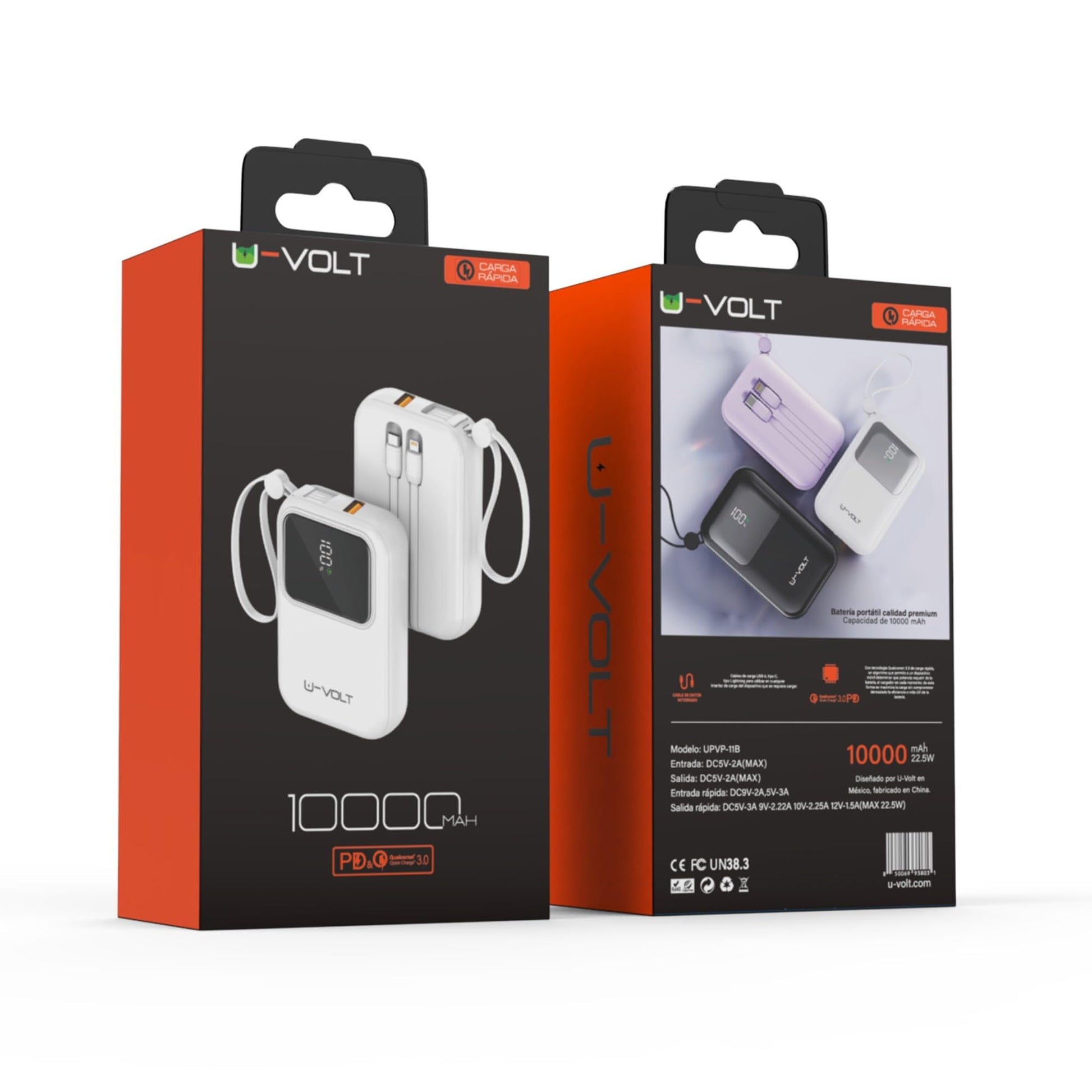 CELULARTE Power Bank U-Volt 10,000 mAh con Cables Integrados, Carga Rápida 22.5W, Batería Portátil con Pantalla Digital para iPhone, Samsung, Xiaomi, iPad y Más (Blanco)