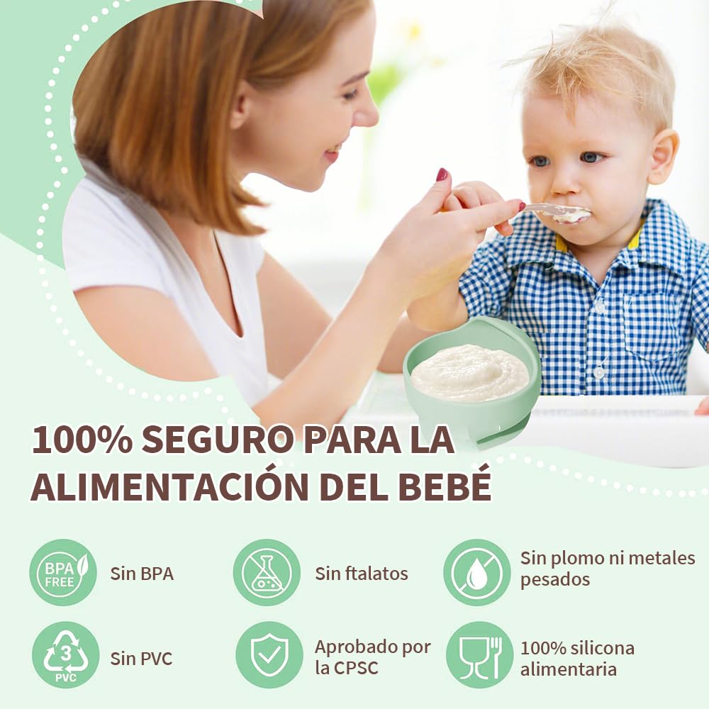 FINYQBET Platos Para Bebés De Silicona Con Tazón Cuchara Tenedor Babe,Set de 8 Piezas para Bebés,Plato para Bebe con Ventosas, Ajustable,VERDE