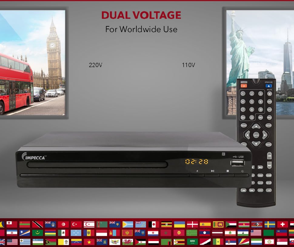 Impecca DVHP9117 Progressive Scan Compact HDMI DVD Player, Upconvert DVDs to 1080p, With LED Display, View Content Via USB Input,