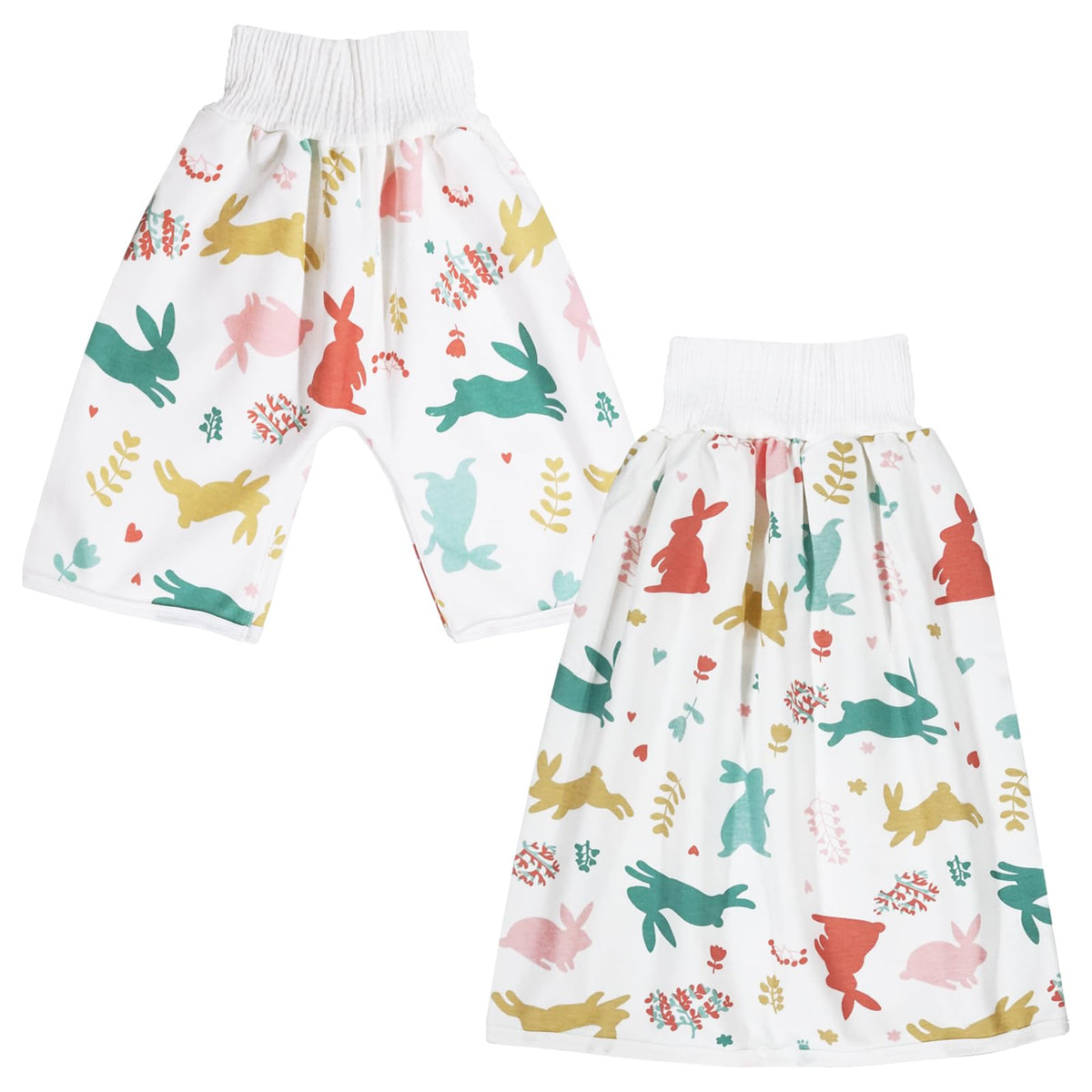 Pantalones de pañales impermeables para bebés y niños, paquete de 2 pantalones absorbentes para entrenamiento para niños y niñas, uso de día y noche (pantalón de conejo + falda L)