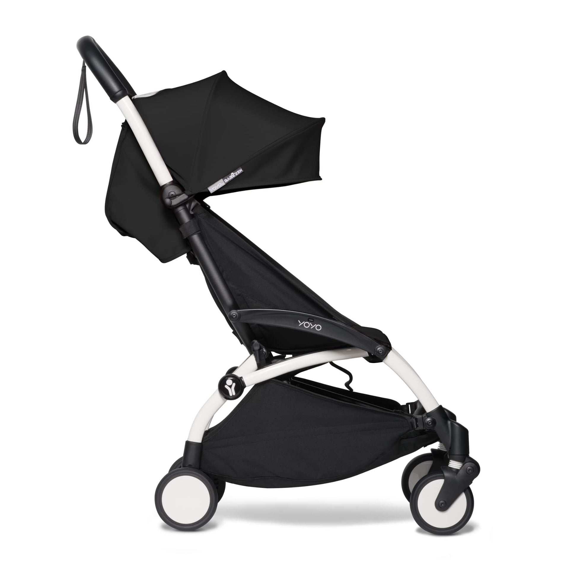 BABYZEN Cochecito 6+ YOYO2 (Chasis Blanco con Pack 6+) - Incluye arnés, respaldo, extensiones de capota, correa para llevar al hombro, el cojín del asiento y la capota a juego (Negro)