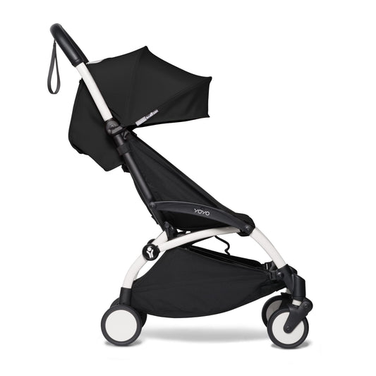 BABYZEN Cochecito 6+ YOYO2 (Chasis Blanco con Pack 6+) - Incluye arnés, respaldo, extensiones de capota, correa para llevar al hombro, el cojín del asiento y la capota a juego (Negro)