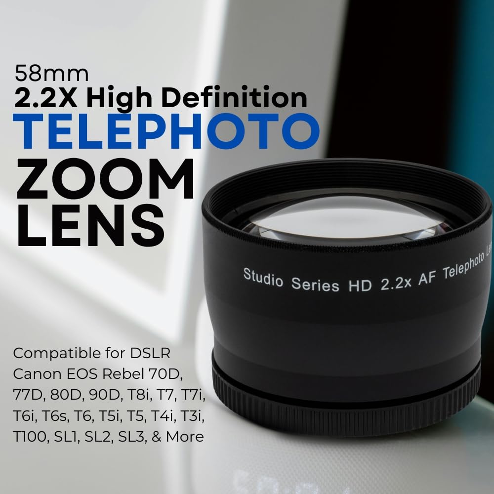 Lente de zoom teleobjetivo de alta definición de 58 mm, 2,2 x para DSLR Canon EOS Rebel 70D 77D 80D 90D T8i T7 T7i T6i T6s T6 T5i T5 T4i T3i T100 SL1 SL2 SL3 y más