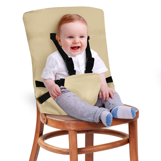 Baby Pick - Silla alta de tela portátil para viajes, con correas de hombro ajustables, asiento de arnés compacto para bebés y niños pequeños, fácil de usar, lavable, asiento de seguridad para alimentación, color beige