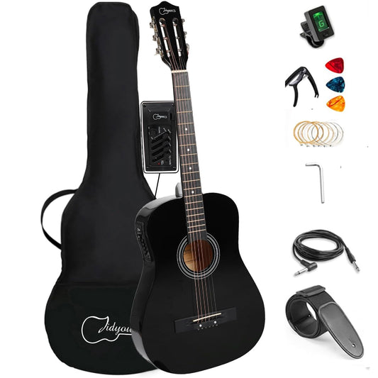 38 inch Electroacústica Guitarra Guitarra acustica con Afinadores,Correas,Cuerdas para Instrumentos,Plumillas,Cable amplificador guitarra,soul,Fundas para Guitarras 3/4 (Black3)