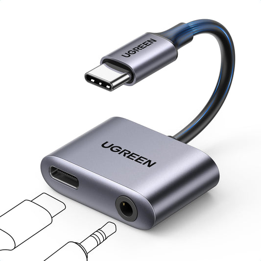 Adaptador USB C UGREEN Blanco 60W Carga Rápida y Jack 3.5 mm 2 en 1 Compatible con iPhone, Galaxy, Pixel, iPad