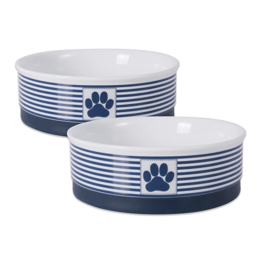 DII Bone Dry Paw Patch & Stripes Ceramic Pet Bowl for Food & Water with Non-Skid Silicone Rim for Dogs and Cats (Medium - 6" Dia x 2"H) Nautical Blue - Set of 2