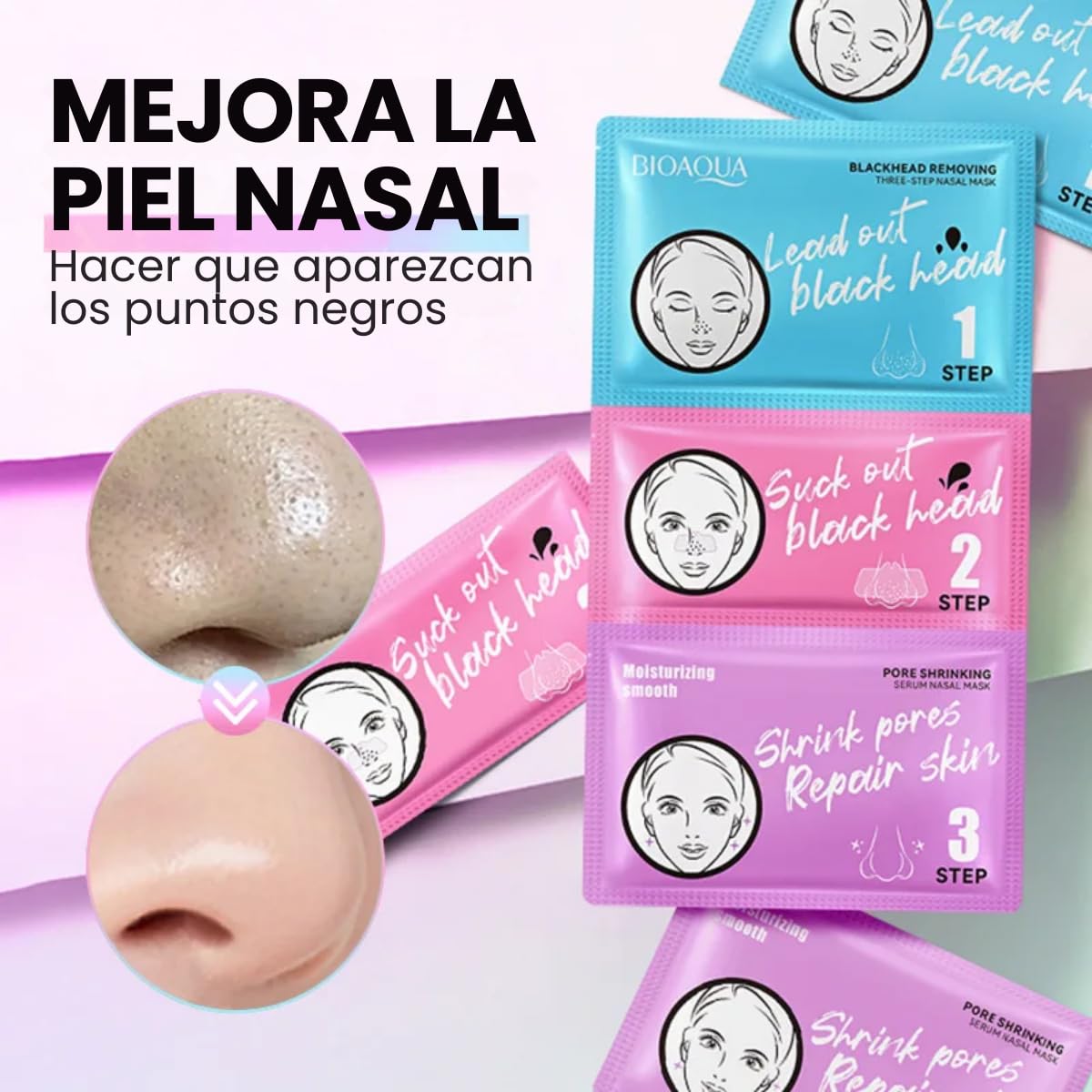 UNIVERSOENLÍNEA.COM | Paquete 50 Mascarillas 3 Pasos Eliminar Puntos Negros Nariz Barros Peel off Remueve y Reduce Poros Cuidado facial Extrae Puntos Negros Remueve Grasa Nasal (Multicolor / 50pcs)