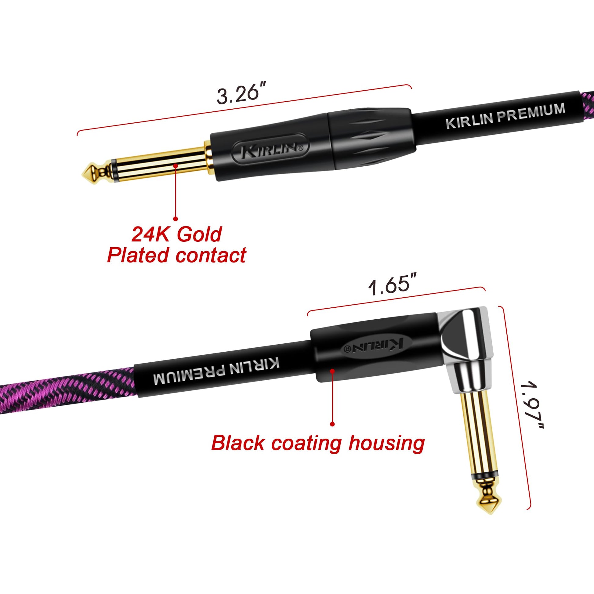 KIRLIN Cable IWB para instrumentos, 1/4 pulgadas de ángulo recto a recto, onda negra morada, 10 pies (IWB-202 BFGL-10/WBP)