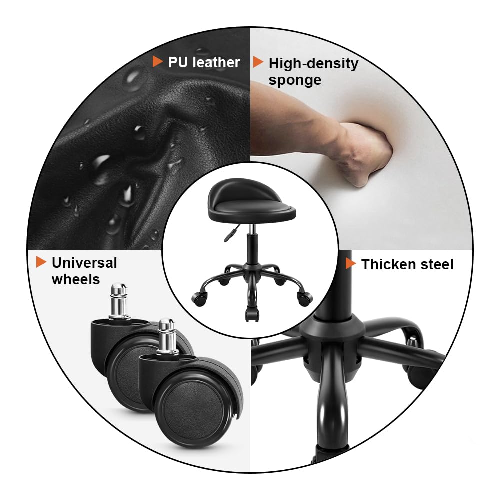 KKTONER - Taburete rodante con respaldo ajustable en altura y silla redonda con ruedas giratorias, para trabajo de dibujo de piel sintética, pequeño (negro)