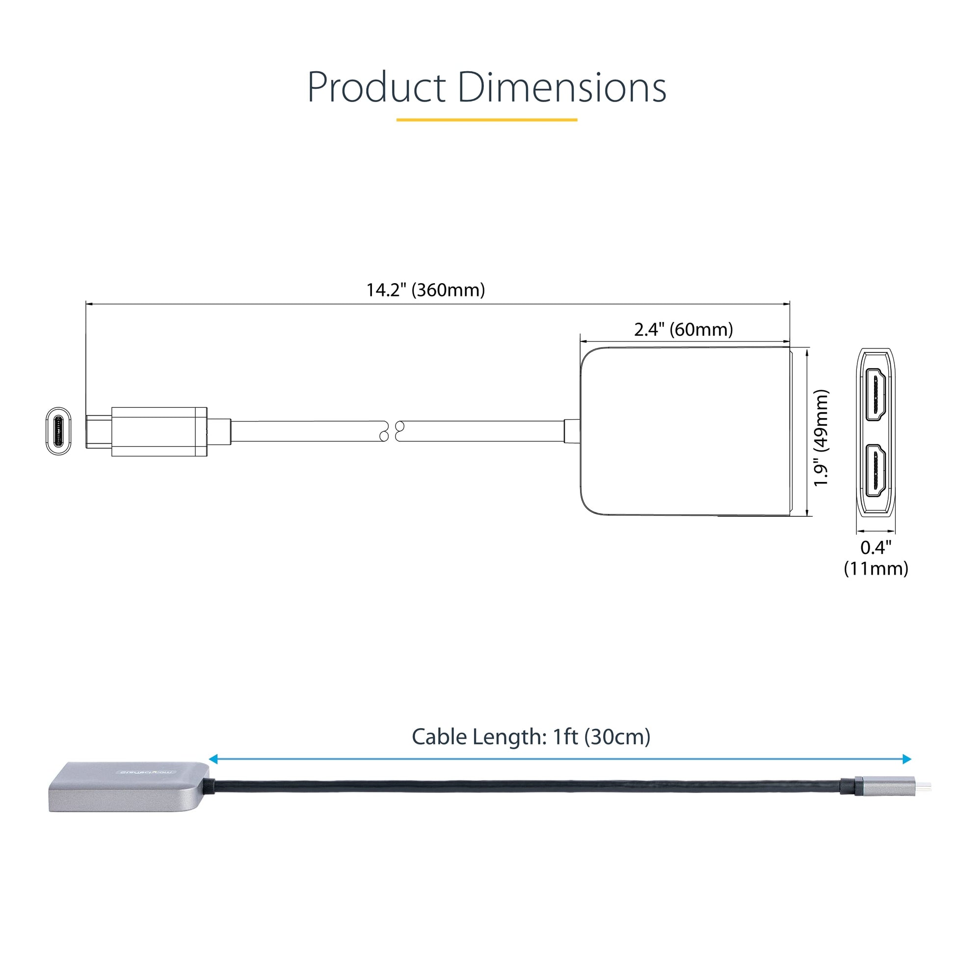Adaptador USB-C a HDMI Dual StarTech.com Negro con Cable Extralargo Integrado para Notebook Solo Windows
