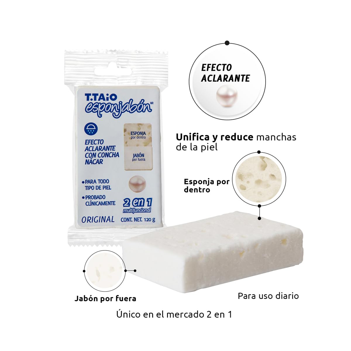 Jabón Corporal con Esponja Integrada 2 en 1, Exfoliación Suave, Aroma Concha Nácar, Pack 10 Piezas, ESPONJABON T.TAIO