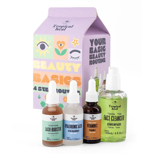 Tropical Heal - Kit Beauty Basics de Cuidado Facial en 4 Pasos - Serum Lash Booster, Ácido Hialurónico, Vitamina C y Limpiador Facial con Matcha