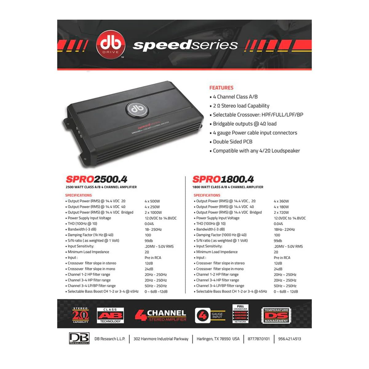 DB Drive - Amplificador 4 Canales SPRO2500.4 2500 Watts Clase AB 2 Ohms Speed Series